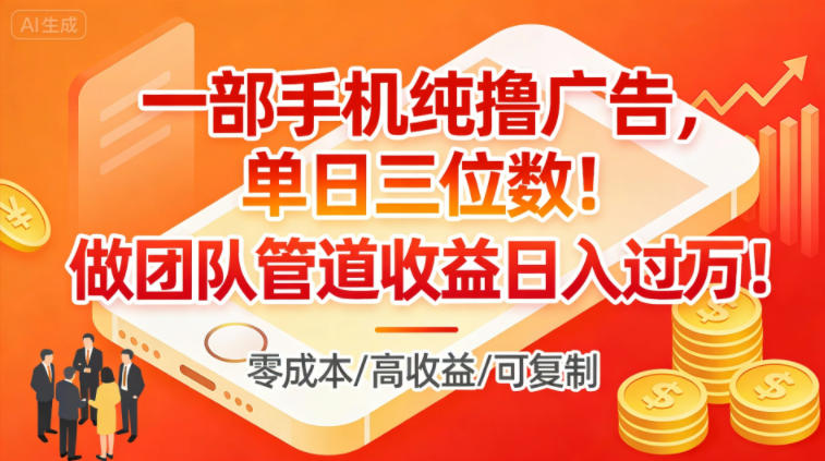 一部手机纯撸广告，单日三位数，做团队管道收益日入过1W-一个小目标资源站