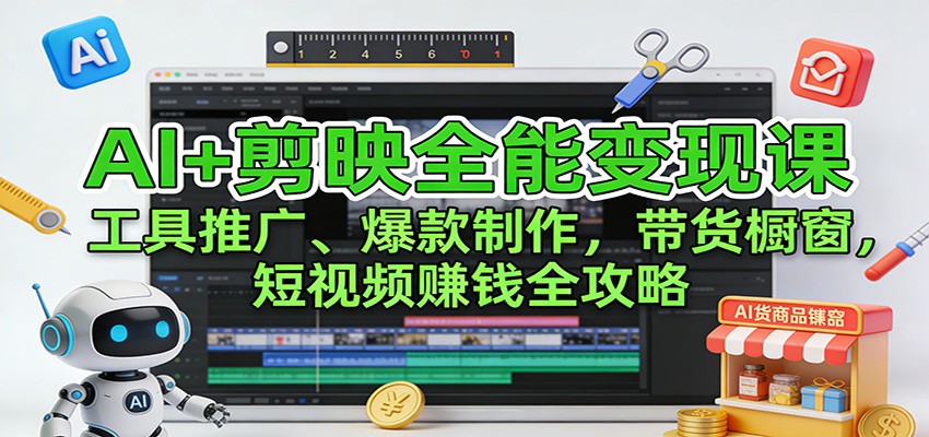 AI+剪映全能变现课:工具推广、爆款制作、带货橱窗,短视频赚钱全攻略-opc资源站