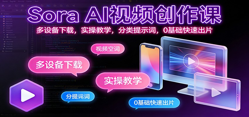 Sora AI视频创作课：多设备下载，实操教学，分类提示词，0基础快速出片-opc资源站