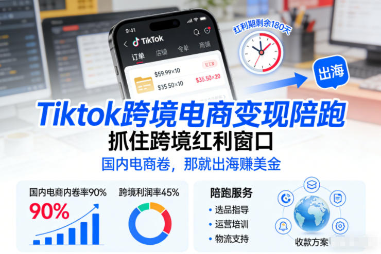 Tiktok跨境电商变现陪跑,抓住跨境红利窗口,国内电商卷,那就出海賺美金-一个小目标资源站
