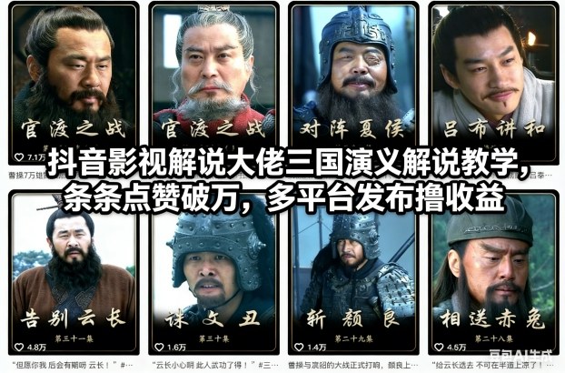 抖音影视解说大佬三国演义解说教学,条条点赞破万,多平台发布撸收益-opc资源站