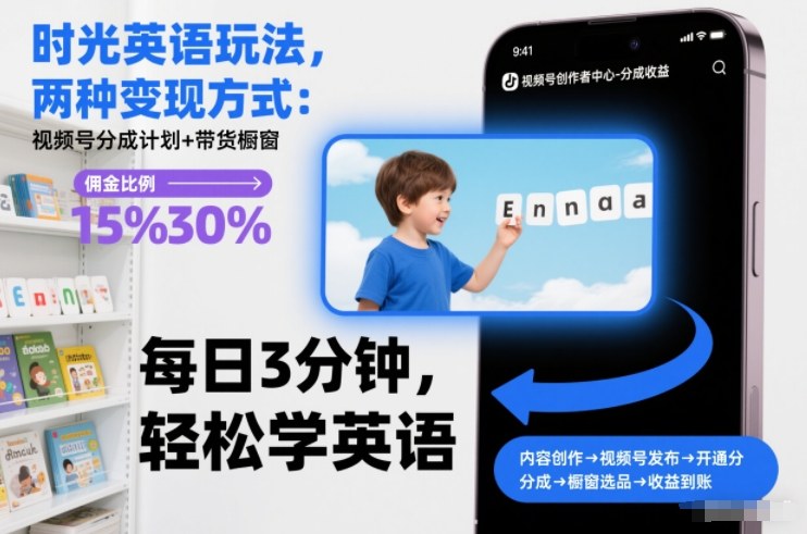 时光英语玩法,两种变现方式:视频号分成计划+带货橱窗-一个小目标资源站
