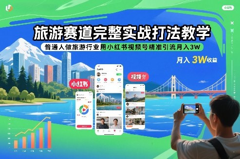 旅游赛道完整实战打法教学，普通人做旅游行业用小红书视频号精准引流月入3W-opc资源站