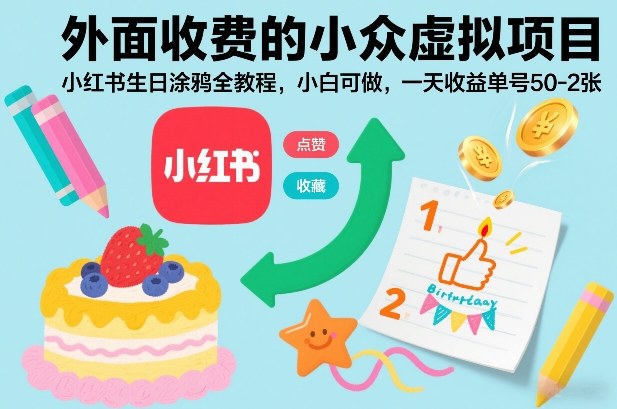 外面收费的小众虚拟项目,小红书生日涂鸦全教程,小白可做,一天收益单号50-2张-一个小目标资源站
