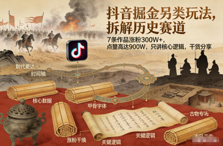 抖音掘金另类玩法，拆解历史赛道，7条作品涨粉300W+，点赞量高达900W，只讲核心逻辑，干货分享-一个小目标资源站