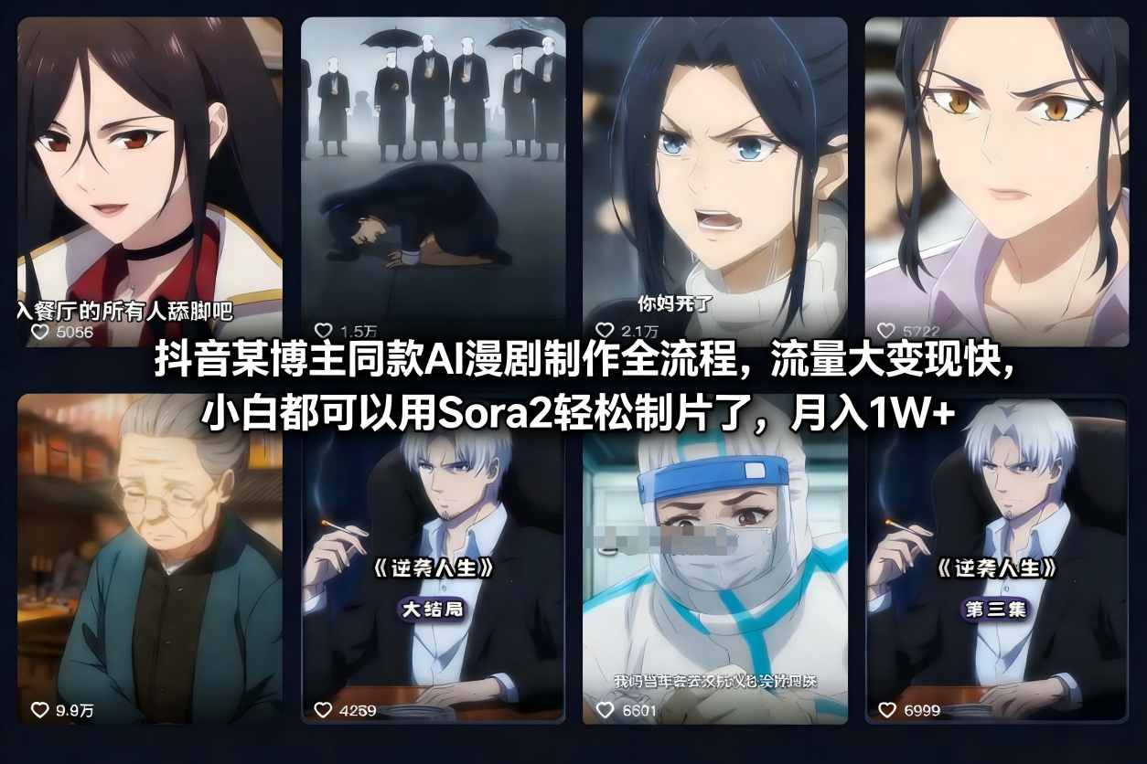 抖音某博主同款AI漫剧制作全流程，流量大变现快，小白都可以用Sora2轻松制片了，月入1W+-一个小目标资源站