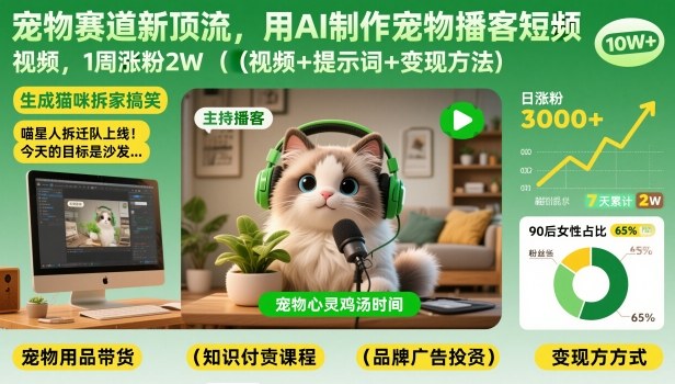 宠物赛道新顶流,用AI制作宠物播客短视频,1周涨粉2W(视频+提示词+变现方法)-一个小目标资源站