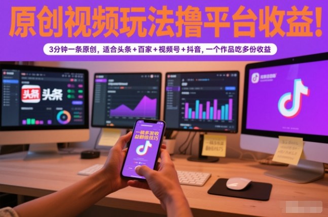 原创视频玩法撸平台收益,3分钟一条原创,适合头条+百家+视频号+抖音,一个作品吃多份收益-一个小目标资源站