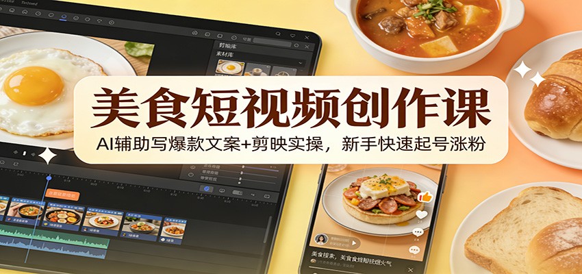 美食短视频创作课:AI辅助写爆款文案+剪映实操,新手快速起号涨粉-opc资源站