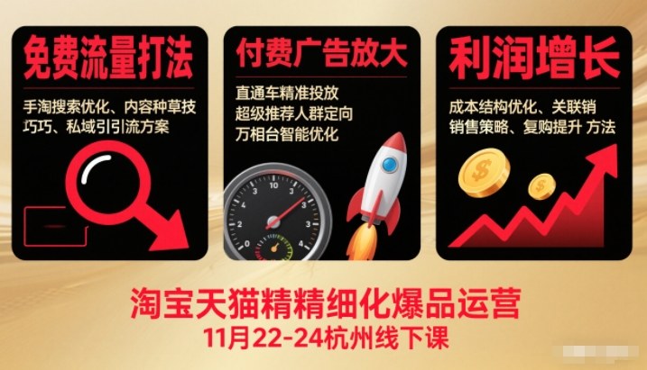 淘宝天猫精细化爆品运营11月22-24杭州线下课,免费流量打法+付费广告放大+利润增长(音频+文档)-一个小目标资源站