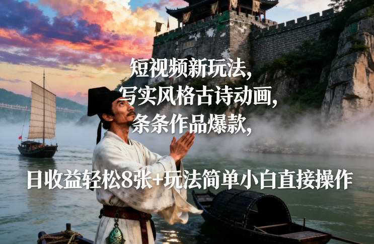 短视频新玩法,写实风格古诗动画,条条作品爆款,日收益轻松8张+玩法简单小白直接操作-一个小目标资源站