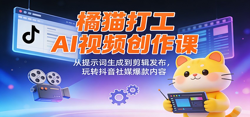 橘猫打工AI视频创作课：从提示词生成到剪辑发布，玩转抖音社媒爆款内容-opc资源站