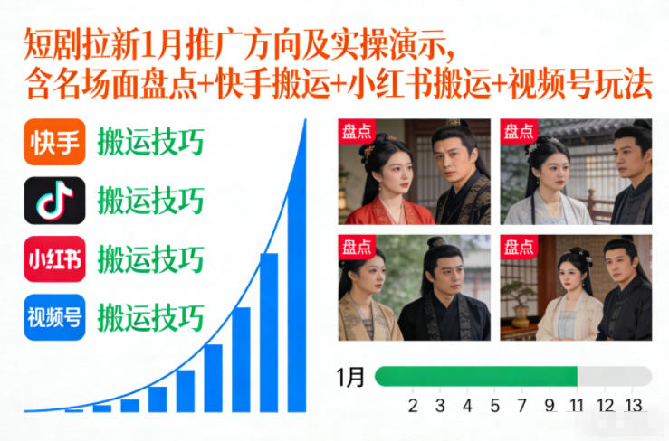 短剧拉新1月推广方向及实操演示，含名场面盘点+快手搬运+小红书搬运+视频号玩法-一个小目标资源站
