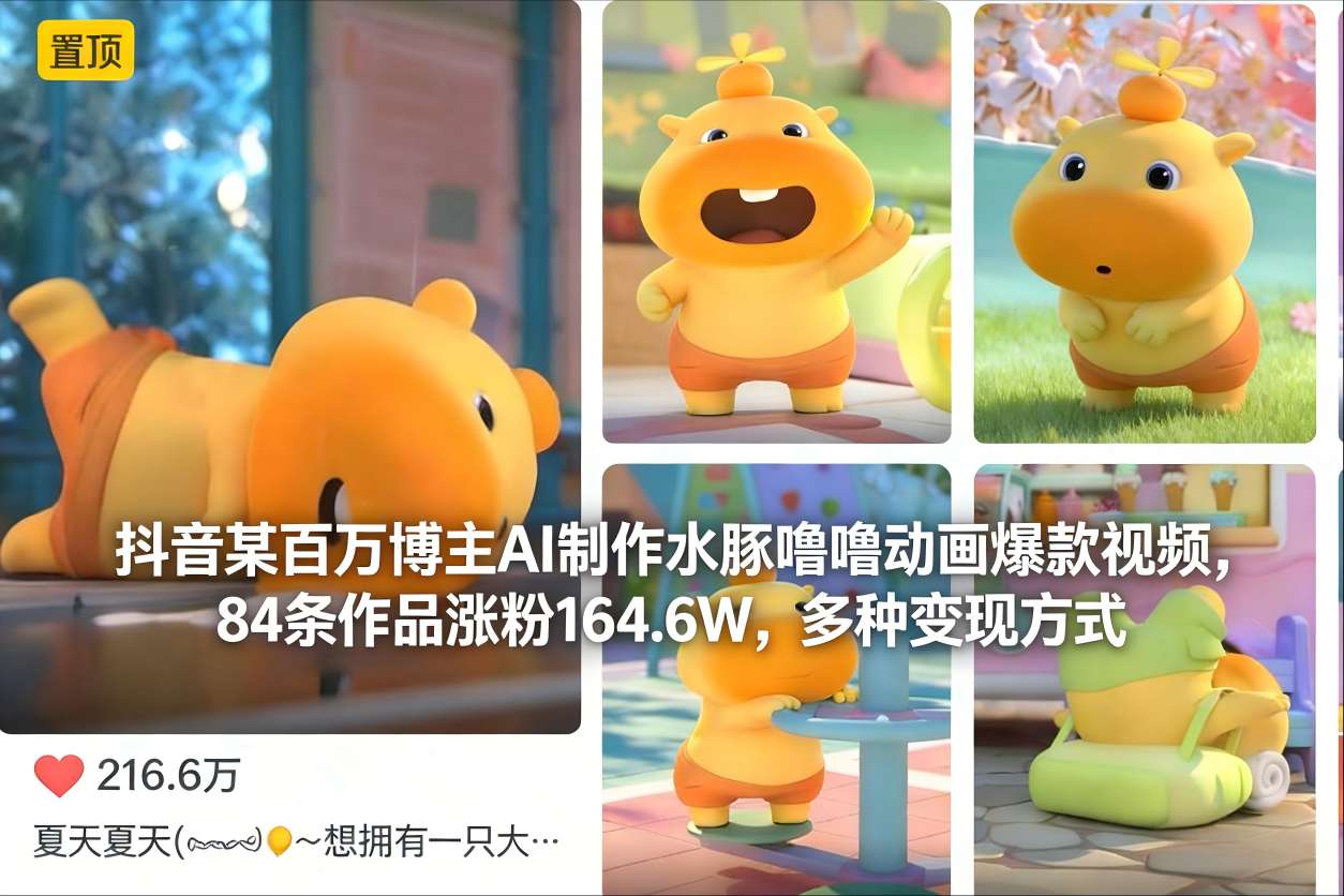 抖音某百万博主AI制作水豚噜噜动画爆款视频,84条作品涨粉164.6W,多种变现方式-opc资源站